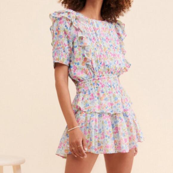 LoveShackFancy Natasha Blue Ditsy Floral Tiered Mini Dress Size M - Picture 2 of 14